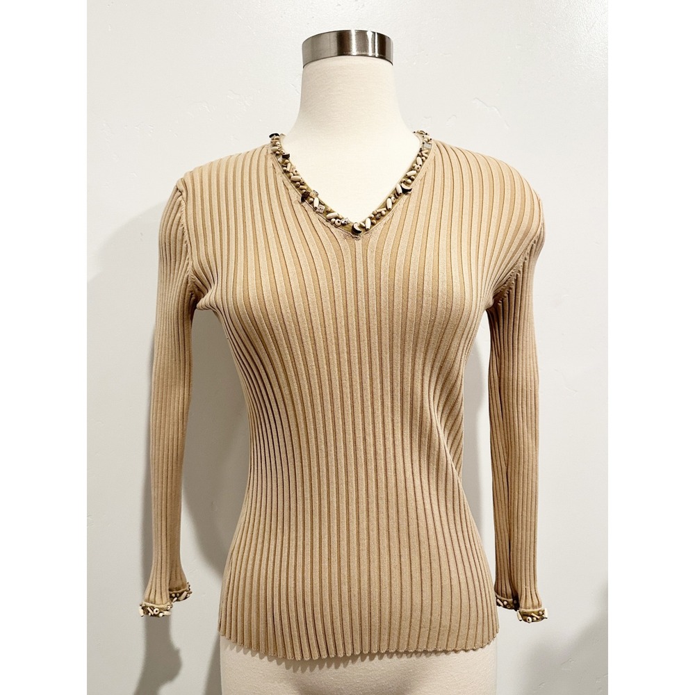 Cache‎ Y2K Tan Ribbed Silk Blend Beaded V-Neck Sweater Size Medium